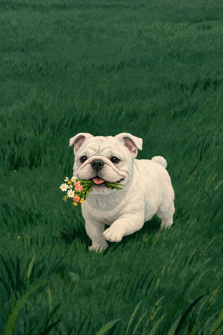 hvid bulldog med en buket blomster i munden stående på en eng