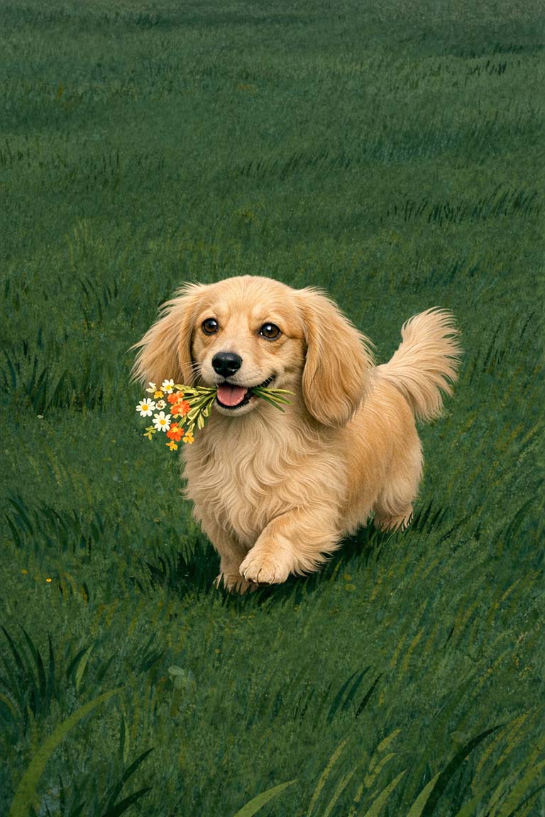 lysebrun langhåret gravhund med en buket blomster i munden stående på en eng