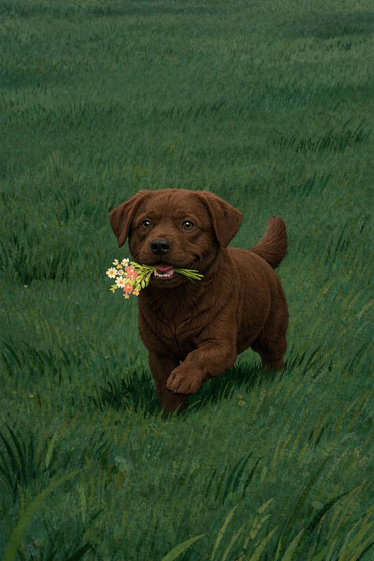 brun labrador med en buket blomster i munden stående på en eng