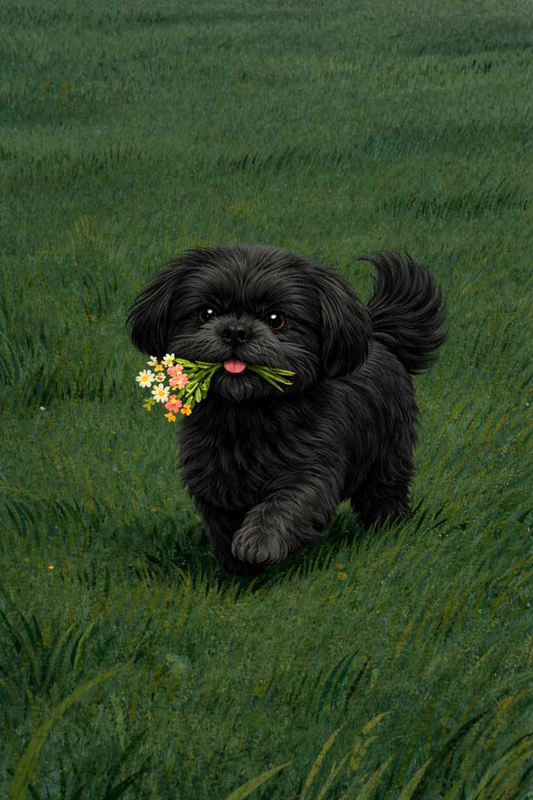 sort shih-tzu med en buket blomster i munden stående på en eng