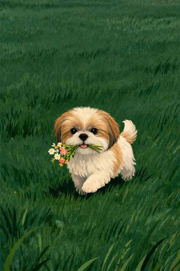 lys shih-tzu med en buket blomster i munden stående på en eng