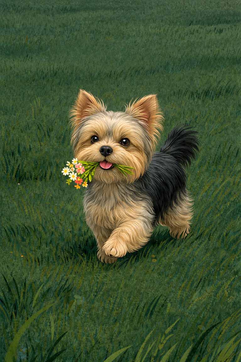 sort og brun yorkshire terrier med en buket blomster i munden stående på en eng